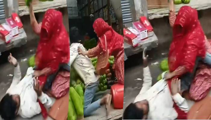 خاتون نے بھرے بازار نوجوان پر مکوں کی بارش کردی، ویڈیو دیکھیں