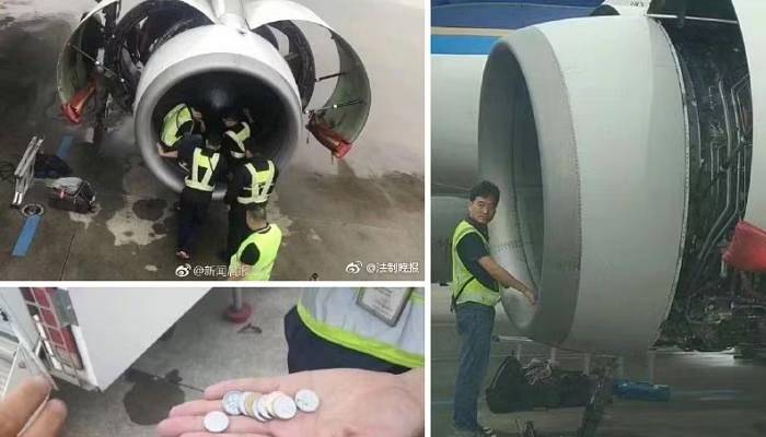 man through coins in plane engine