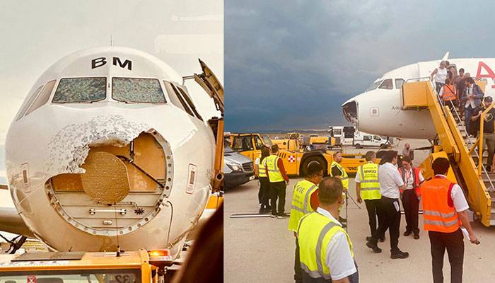 ژالہ باری سے  مسافر طیارے کی ناک اور کاک پٹ کی کھڑکیوں کو نقصان