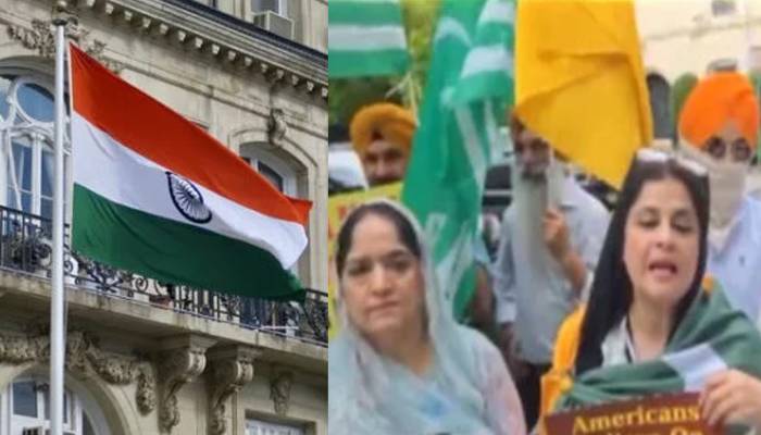 امریکا میں بھارتی سفارتخانے کے باہرپاکستانی، کشمیری و سکھ کمیونٹی کا احتجاجی مظاہرہ