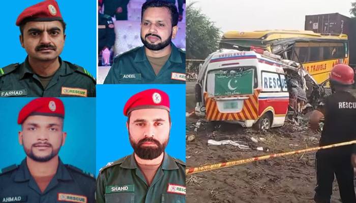 رحیم یارخان: مسافر بس کی ایمبولینس کو ٹکر، 4 ریسکیو اہلکار سمیت 6 افراد جاں بحق