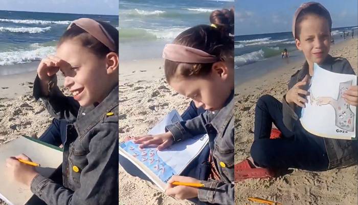غزہ کے ساحل پر بیٹھی معصوم فلسطینی بچی صمود فلوٹیلا کا انتظار کر رہی ہے