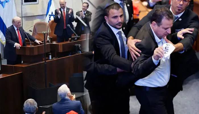 امریکی صدر کا اسرائیلی پارلیمنٹ میں خطاب،  فلسطینی ریاست کے حق میں نعرے لگ گئے