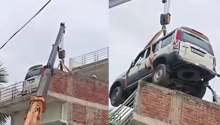 ویڈیو: چوروں کے خوف سے شہری نے گاڑی کرین کے ذریعے گھر کی چھت پر چڑھا دی